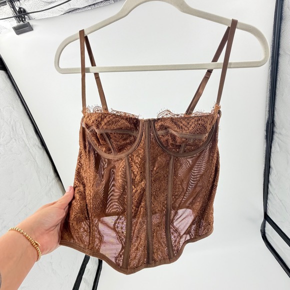 Unbranded Tops - Brown Lace Mesh Underwire Corset Top Boned Bustier Hook Eye Back